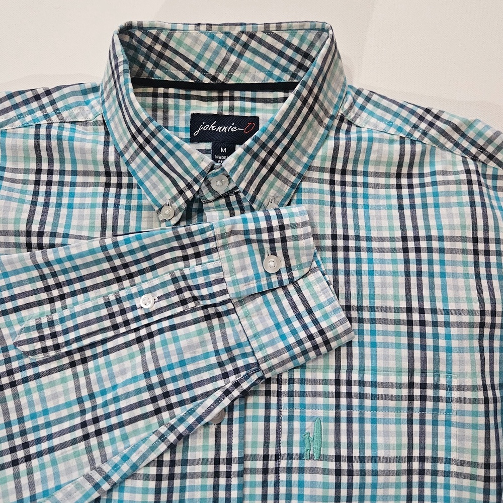 Johnnie-O Shirt Mens Medium Blue Green Plaid Button Down Pima Cotton Casual